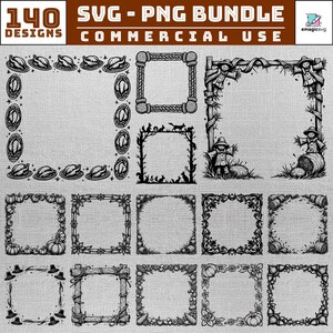 Puede incluir: Una colección digital de 140 diseños SVG y PNG con varios marcos cuadrados. Los marcos incluyen ilustraciones de pavos asados, cuerdas, espantapájaros, ardillas, calabazas, flores, pacas de heno, sombreros de peregrino y troncos de madera.