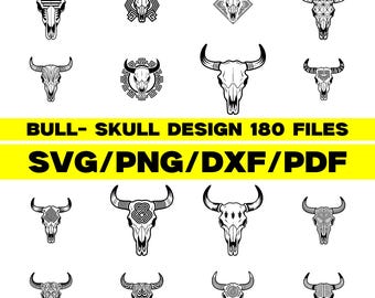 Pakiet SVG z czaszką byka, 180 plików, grafiki plemienne Western, natychmiastowe pobieranie cyfrowe