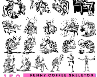 150 Funny Coffee Skeleton SVG Bundle, Skeleton Coffee PNG Clipart, Spooky Coffee Lover Designs instant digital downloads
