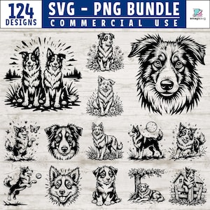 Könnte beinhalten: Ein digitales Paket mit 124 schwarz-weißen Grafikdesigns, die verschiedene Illustrationen von Border Collie Hunden in unterschiedlichen Posen zeigen, darunter Porträts, sitzend im Gras, spielend mit Bällen und bei Bäumen, mit dem Text 124 DESIGNS SVG-PNG BUNDLE.