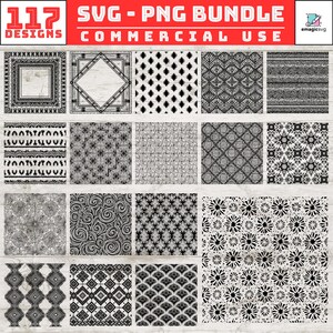 Op de afbeelding: Een digitaal pakket met 117 zwart-witte grafische ontwerpen met diverse geometrische, florale en abstracte patronen. De collectie bevat vierkante kaders, herhalende motieven, krullen en complexe lijntekeningen voor SVG en PNG gebruik.