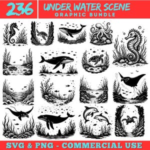 Könnte beinhalten: Eine Sammlung von 12 Schwarz-Weiß-Grafiken mit Unterwasserszenen. Die Bilder zeigen verschiedene Meereslebewesen wie Seepferdchen, Wale, Schildkröten, Delfine und einen Oktopus. Der Text oben lautet "UNDER WATER SCENE GRAPHIC BUNDLE" und "236". Der Text unten lautet "SVG & PNG - COMMERCIAL USE".