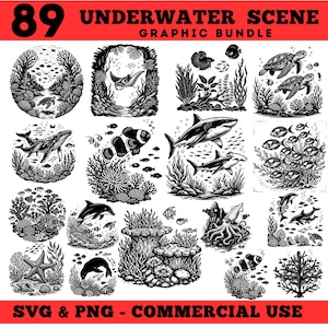 89 Undervattensscen SVG-paket, Havsdjur Clipart, Havsliv Vektor Set, Fisk Korall Sköldpadda Val Haj filer direkta digitala nedladdningar