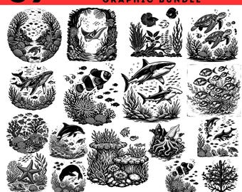 89 Underwater Scene SVG Bundle, Ocean Animals Clipart, Sea Life Vector Set, Fish Coral Turtle Whale Shark files instant digital downloads