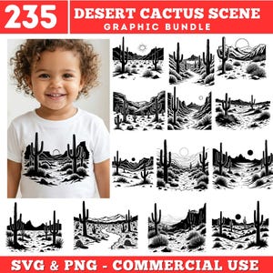 Op de afbeelding: Een wit t-shirt met een zwarte woestijn cactus scène graphic. De afbeelding bevat ook een grafische bundel van woestijn cactus scènes in zwart en wit. De tekst "235 DESERT CACTUS SCENE GRAPHIC BUNDLE" staat bovenaan. De tekst "SVG & PNG - COMMERCIAL USE" staat onderaan.