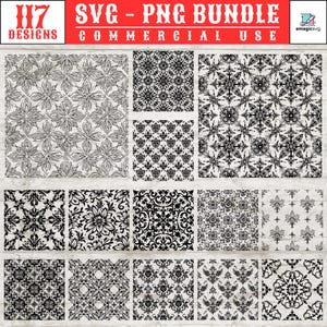 Peut inclure: Un ensemble numérique de 117 motifs graphiques en noir et blanc présentant divers designs floraux, damassés et géométriques. La collection comprend des fichiers SVG et PNG pour usage commercial, présentés sous forme de grille de carrés.