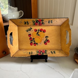 Vintage Wooden Hand Painted Fruit Flowers Serving Tray Decorative Display Strawberries Peaches