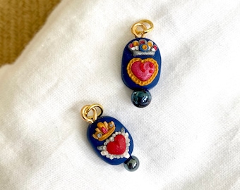 Crowned Heart Pendant Charm Talisman Token Vintage Style Antique Inspired Blue Red Necklace