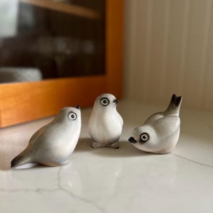 Può includere: Tre piccole statuine di uccelli in ceramica. Gli uccelli sono bianchi con accenti grigi e occhi neri. Sono seduti su una superficie bianca.