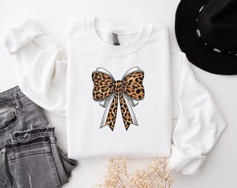 Coquette Leopard Bow Sweatshirt, Trendy Crewneck Sweater