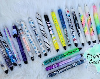 Custom Glittered Pens /Refillable Ink /Personalized/ Ombre/Name/Gel pen/ sewing/ kitty/ Motherhood/ Police/Coffee/Donuts/InkJoy/Dunkin