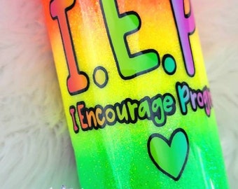 Glitter IEP Rainbow glitter/tumbler/ Custom Glitter Tumbler/Personalized Tumbler/Custom stainless steel/special needs/ Teacher