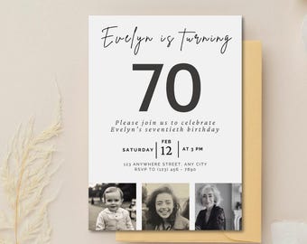 Plantilla de invitación editable para el 70 cumpleaños, plantilla digital, invitación personalizable, invitación simple y minimalista para el 70 cumpleaños