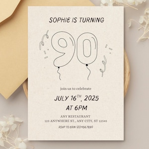 90th Birthday Invitation Template, 90th Birthday Invite, Celebration, Ninetieth Birthday Digital Invitation, Birthday Balloons, 90s