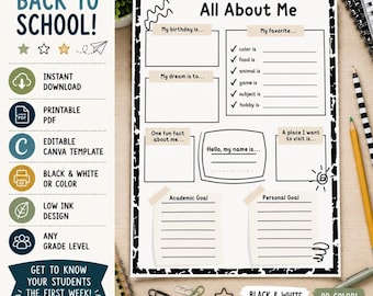 All About Me Worksheet | Back to School Activity | Student Interest Survey | Editable Canva Template| First Day of School | Teacher Resource