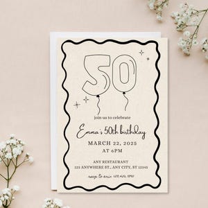 Editable 50th birthday invitation template, Cheers to 50 years, digital template, simple, minimalist fiftieth birthday invitation