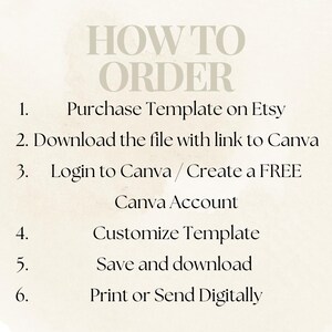 May include: A beige graphic with the words "HOW TO ORDER" in large, stylized letters. Below, numbered steps detail the process: purchase a template on Etsy, download the file, log in to Canva, customize, save, and print.