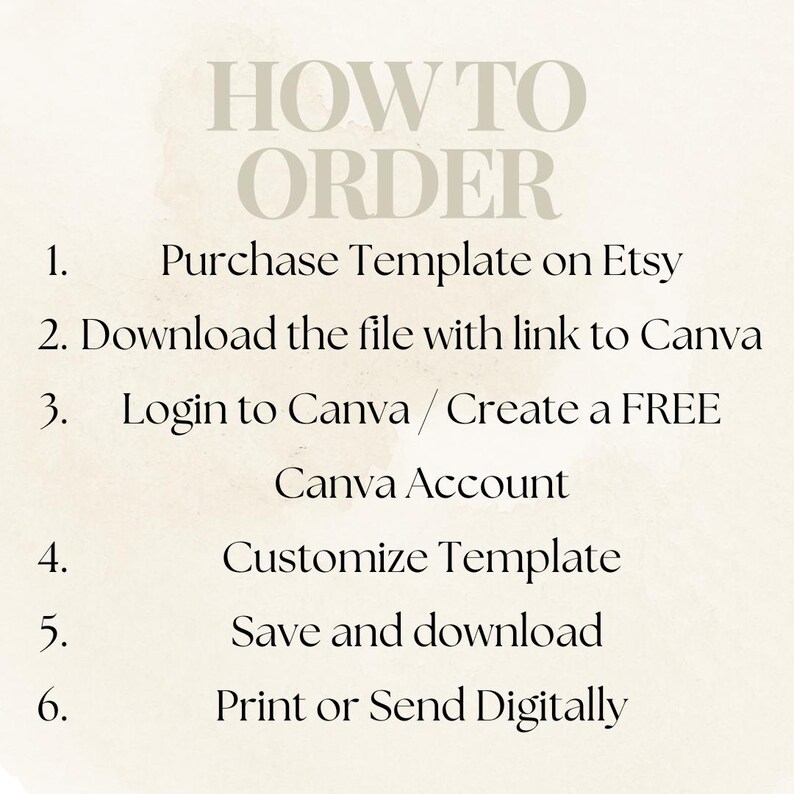 May include: A beige graphic with the words "HOW TO ORDER" in large, stylized letters. Below, numbered steps detail the process: purchase a template on Etsy, download the file, log in to Canva, customize, save, and print.