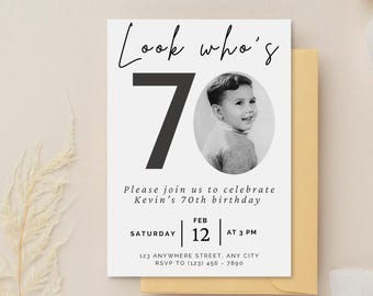 Editable 70th birthday invitation template, look who's 70 birthday invitation, simple, minimalist 70th birthday invitation