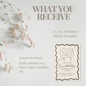 May include: A digital invitation template for a 60th birthday celebration. The invitation is 5 x 7 inches and features a black outline of the number 60 as balloons. The text includes the birthday person's name, date, time, and location.