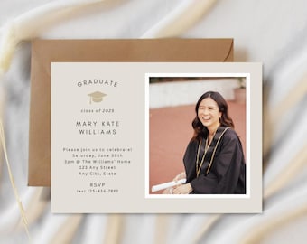 Plantilla de invitación para fiesta de graduación, digital, editable e imprimible, sencilla, con foto para anuncio, promoción de 2026.