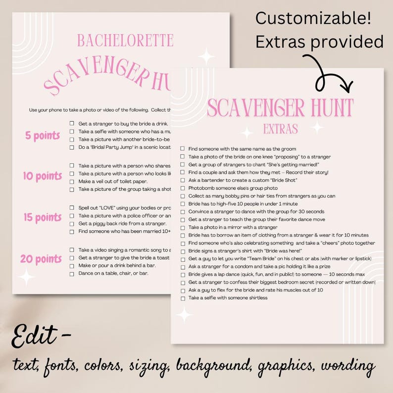 Bachelorette Party Scavenger Hunt Game With EXTRAS, Bachelorette