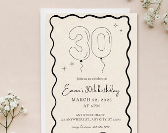 30th Birthday Invitation Template, 30th Birthday Invite, Thirtieth Birthday Digital Invitation, Birthday Balloons
