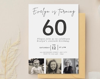 Editable 60th birthday invitation template, digital template, customizable invitation , simple, minimalist 60th birthday invitation