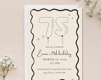 75th Birthday Invitation Template, 75th Birthday Invite, Seventy-fifth Birthday Digital Invitation, Birthday Balloons