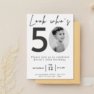 Editable 50th birthday invitation template, look who&#39;s 50 birthday invitation, simple, minimalist 50th birthday invitation
