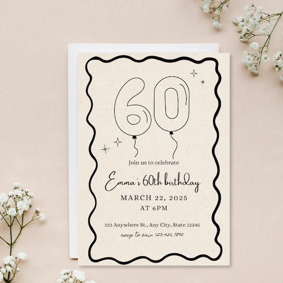 60th Birthday Invitation Template, 60th Birthday Invite, Sixtieth Birthday Digital Invitation, Birthday Balloons