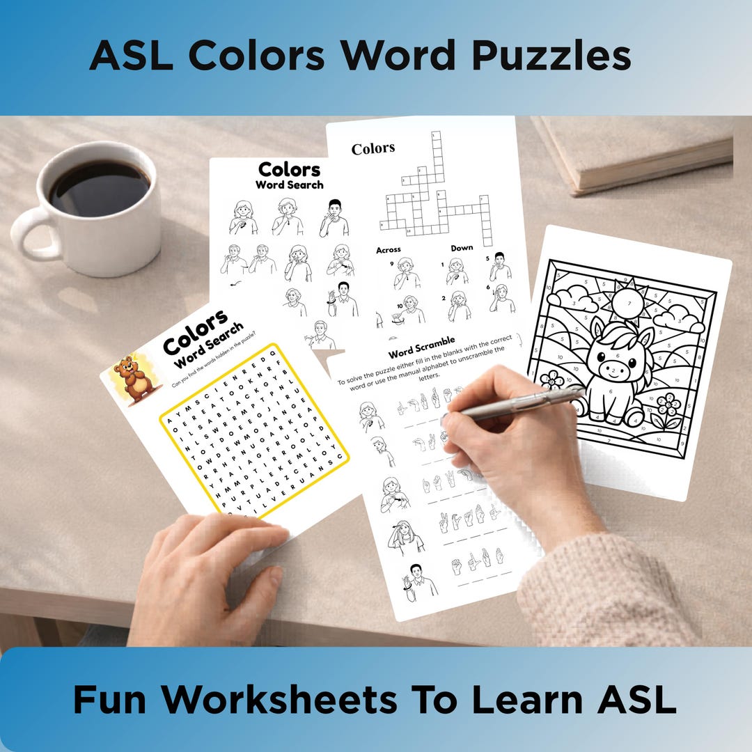 ASL Colors Word Puzzles, Beginner Sign Language Worksheets (PDF ...