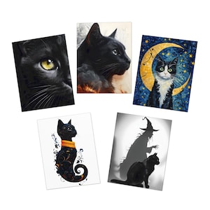 Cat-Themed Greeting Cards, Set of 5 Magical Blank Inside Designs - Birthday Invitations, Thank You Notes, Stationery Gift, Note Cards