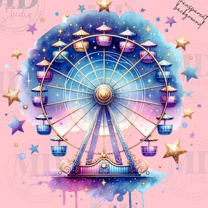 Grande roue bleu aquarelle Clipart, grande roue lunatique graphique magique, grande roue poney vintage, chambre d'enfant PNG, clipart baby shower