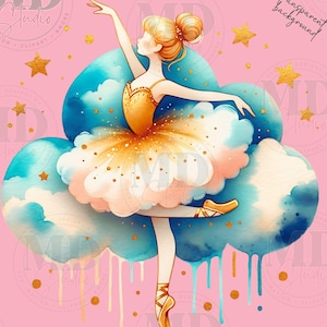 Aquarel kleine ballerina clipart, ballerina, roze ballerina PNG, Swan Lake clipart, ballet clipart stoffige blauwe wolk, digitale download