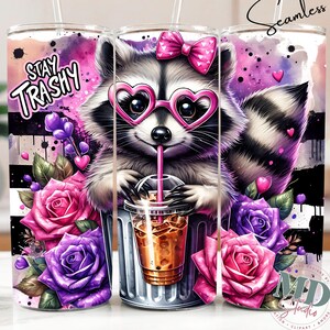 Stay Trashy Raccoon 20 oz Skinny Tumbler Sublimation Design Digital Download PNG Funny Floral Raccoon Tumbler Wrap