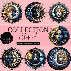 Moon Graphic Celestial PNG Printable Digital Download Bundle, Mystical Moons Clipart, Watercolor Mystical Crescent Moon Sun Star Clipart PNG