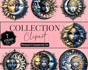 Moon Graphic Celestial PNG Printable Digital Download Bundle, Mystical Moons Clipart, Watercolor Mystical Crescent Moon Sun Star Clipart PNG