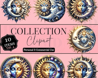 Mystical Moons Clipart, Moon Graphic Celestial PNG Printable Digital Download Bundle, Watercolor Mystical Crescent Moon Sun Star Clipart PNG
