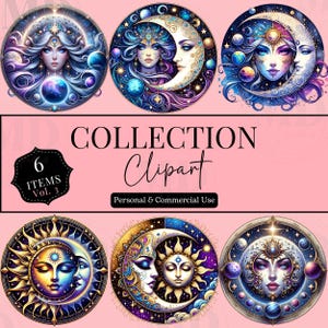 Mystical Moons Clipart, Moon Graphic Celestial PNG Printable Digital Download Bundle, Watercolor Mystical Crescent Moon Sun Star Clipart PNG