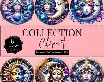 Mystical Moons Clipart, Moon Graphic Celestial PNG Printable Digital Download Bundle, Watercolor Mystical Crescent Moon Sun Star Clipart PNG