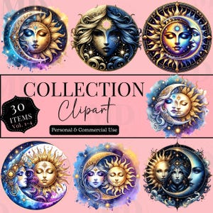 Mystical Moons Clipart, Moon Graphic Celestial PNG Printable Digital Download Bundle, Watercolor Mystical Crescent Moon Sun Star Clipart PNG