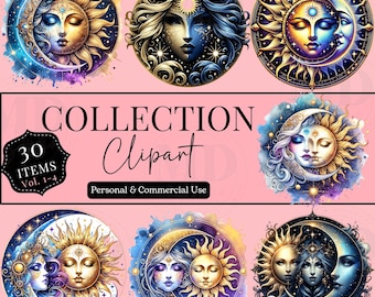 Mystical Moons Clipart, Moon Graphic Celestial PNG Printable Digital Download Bundle, Watercolor Mystical Crescent Moon Sun Star Clipart PNG