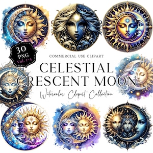 Moon Graphic Celestial PNG Printable Digital Download Bundle Mystical Moons Clipart Watercolor Mystical Crescent Moon Sun Star Clipart PNG