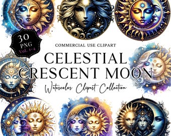 Moon Graphic Celestial PNG Printable Digital Download Bundle Mystical Moons Clipart Watercolor Mystical Crescent Moon Sun Star Clipart PNG
