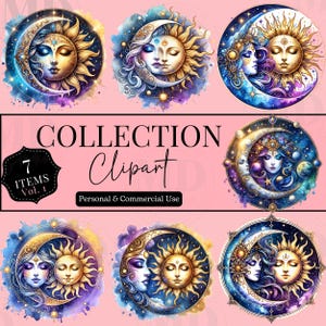 Mystical Moons Clipart, Moon Graphic Celestial PNG Printable Digital Download Bundle, Watercolor Mystical Crescent Moon Sun Star Clipart PNG