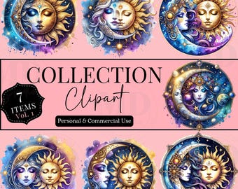 Mystical Moons Clipart, Moon Graphic Celestial PNG Printable Digital Download Bundle, Watercolor Mystical Crescent Moon Sun Star Clipart PNG