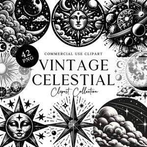 Vintage Celestial Clipart Pack Sun Moon Phase, Stars Illustrations Png Astrology Mystical Cosmic Boho Retro Space Graphics Commercial Use