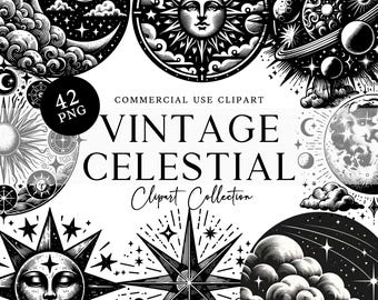 Vintage Celestial Clipart Pack Sun Moon Phase, Stars Illustrations Png Astrology Mystical Cosmic Boho Retro Space Graphics Commercial Use