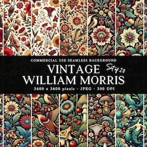 May include: A set of 20 digital seamless patterns featuring vintage floral designs inspired by William Morris. The patterns are in a variety of colours, including red, green, blue, and yellow. Each pattern is 3600 x 3600 pixels and 300 DPI.